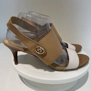 Coach Tan and Cream Slingback Sandals with Kitten Heel